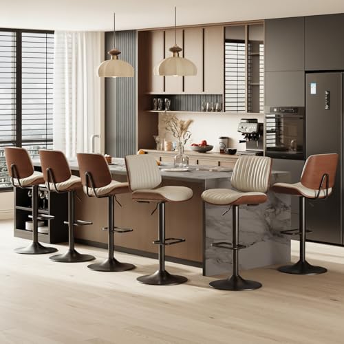 Image of MALOL Bar Stools Set of 6, Adjustable Counter Height Bar Chairs 26 inch-34.5 inch with Swivel & Footrest, Modern Faux Leather Barstools for Kitchen Island, Dining Room,Pub,Beige