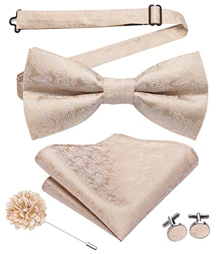 Image of Hi-Tie Bow Ties for Men Pre-Tied Pocket Square with Cufflinks Mens Bowtie Sets for Wedding Formal Party