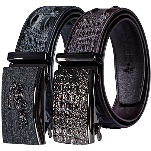 Image of Barry.Wang Mens Ratchet Belt 2 Pack Buckle Gift Set Dress Belts Leather Slide Strap Automatic 1 3 /8 inch Wedding Business