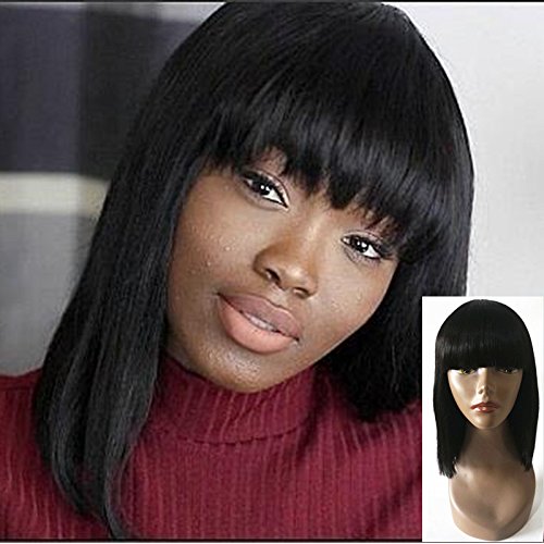 Enoya Human Hair Bob Wigs with Bangs Brazilian Yaki Machine Made Glueless Short Wigs (12" Color#1b)