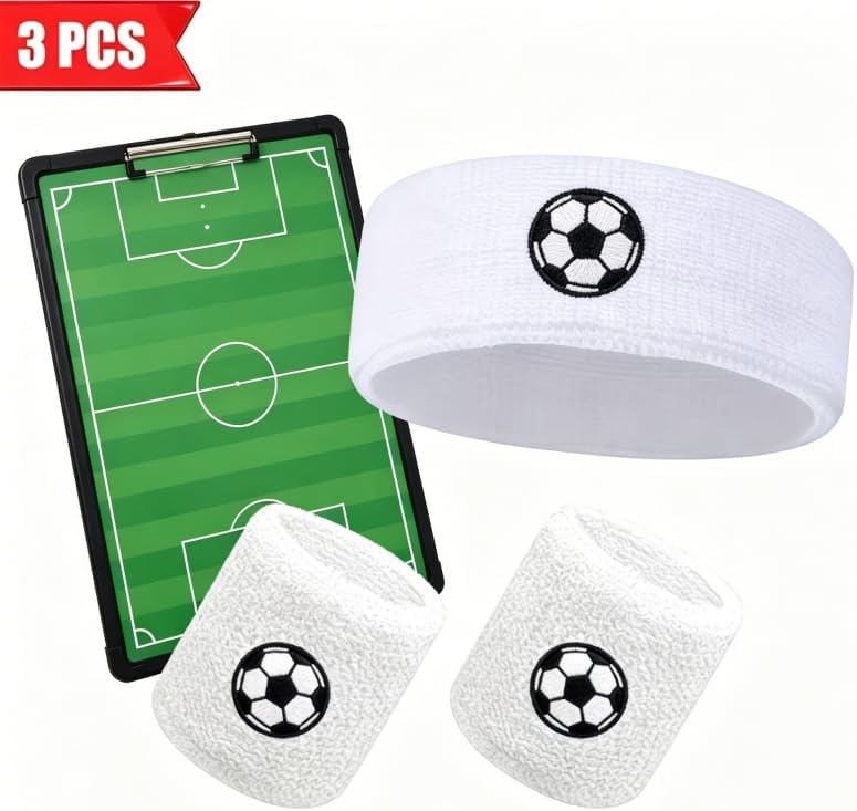 Sports Headband with Wristbands, White Soccer Pattern, High Elastic Sweatband for Basketball, Running & Fitness
