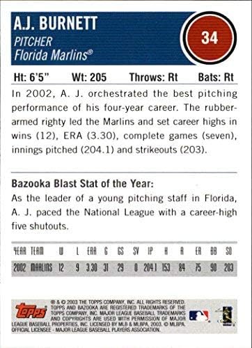 Miniatura 2 de 2003 Topps Bazooka #34 A.J. Burnett MLB Baseball Trading Card