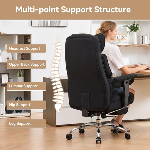 Image of Efomao Executive Office Chair, Mesh Black Fabric Big and Tall Desk Chair | Breathable fabric, pocket spring & foam seat, retractable footrest, 135 recline for computer gaming setup