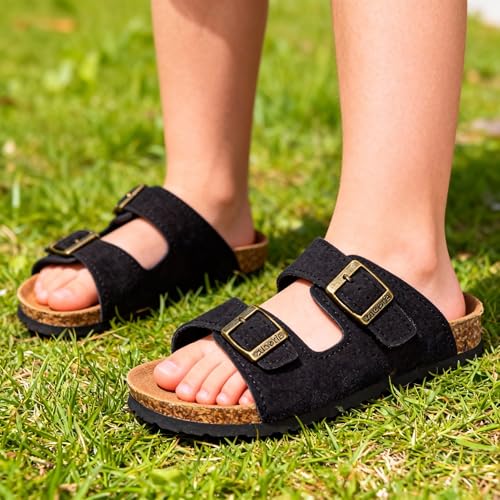 Image of ZUSERIS Kids Toddler Sandals Boys Girls Summer Slides | Soft Cork Footbed, Non-slip,Adjustable Straps,Comfort Suede Leather,Lightweight