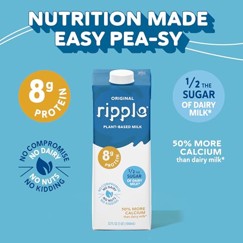 Image of Ripple Original Plant Based Milk | 8g of Quality Sourced Pea Protein, Calcium Rich | Shelf Stable | Vegan & Non GMO Certified | Dairy, Soy, Nut, Gluten, & Lactose Free | 32 Fl Oz Cartons (Pack of 6)