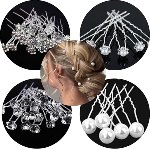 UZYXC 4 Modelos Diferentes de Horquillas para Novias, Juego de 20, Horquillas con Perlas, Horquillas para Novias con Perlas, Flores de Cristal y Strass, Clips, Adornos para El Pelo de Damas de Honor