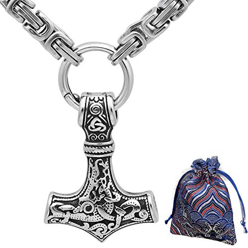 WLXW Collier en Acier Inoxydable - Collier Amulette Marteau Collier Style Viking Empire Odin Thor, Pendentif Mode Hommes, Beaux Sac Cadeau, 60 Cm
