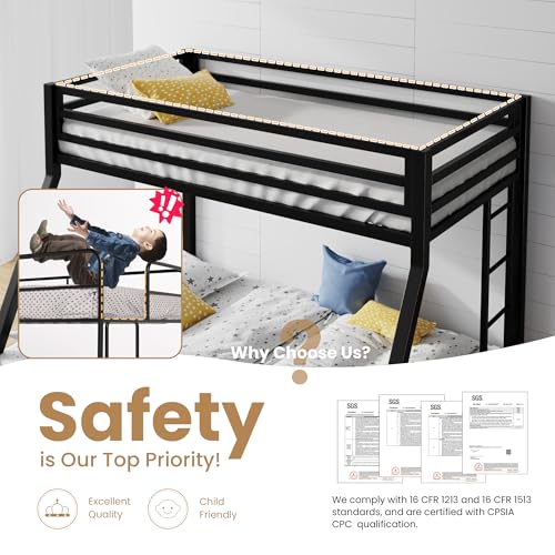 SHA CERLIN Loft Bunk Bed Twin Over Full Size with Ladder and Guardrail,Heavy Duty Metal Slats Support No Box Spring Needed Small Space Saving Furniture for Bedroom Dorm,Black