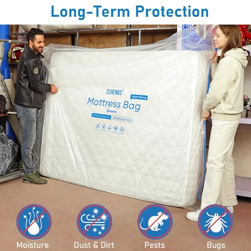 Image of ZCHENBS - 2 PK Queen Mattress Bags for Moving, Waterproof Mattress Storage Bag with Zipper, 5 Mil Thick Heavy-Duty Bed Protector Cover for Moving, Reusable (Transparent /Blue, 2 Pack)