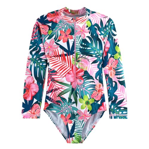 Image of Kids Girls Rash Guard Long Sleeve One Piece Swimsuits Zipper Bathing Suits UPF 50+ Tropical Plant Flowers Ages 3-12