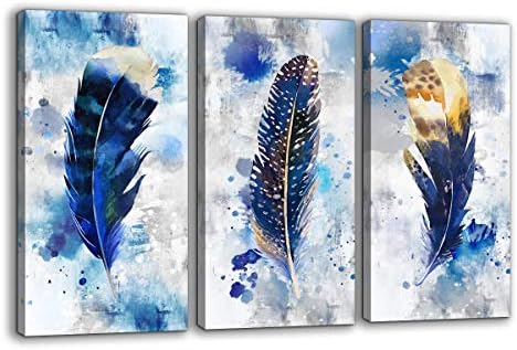 Feather Canvas Wall Artwork for Dwelling Room Bed room Giant Fashionable Paintings Blue Watercolor feather Print image 3 items Framed Wall Decor Able to Hold for Residence Workplace Ornament