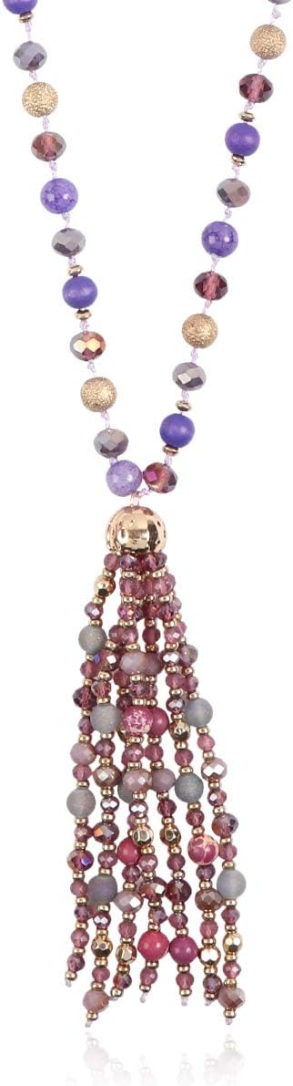 RIAH FASHIONRIAH FASHION Bohemian Pendant Beaded Long Statement Necklace - Sparkly Crystal Bead Boho Teardrop, Natural Stone, Tassel Charm Wrap Lariat