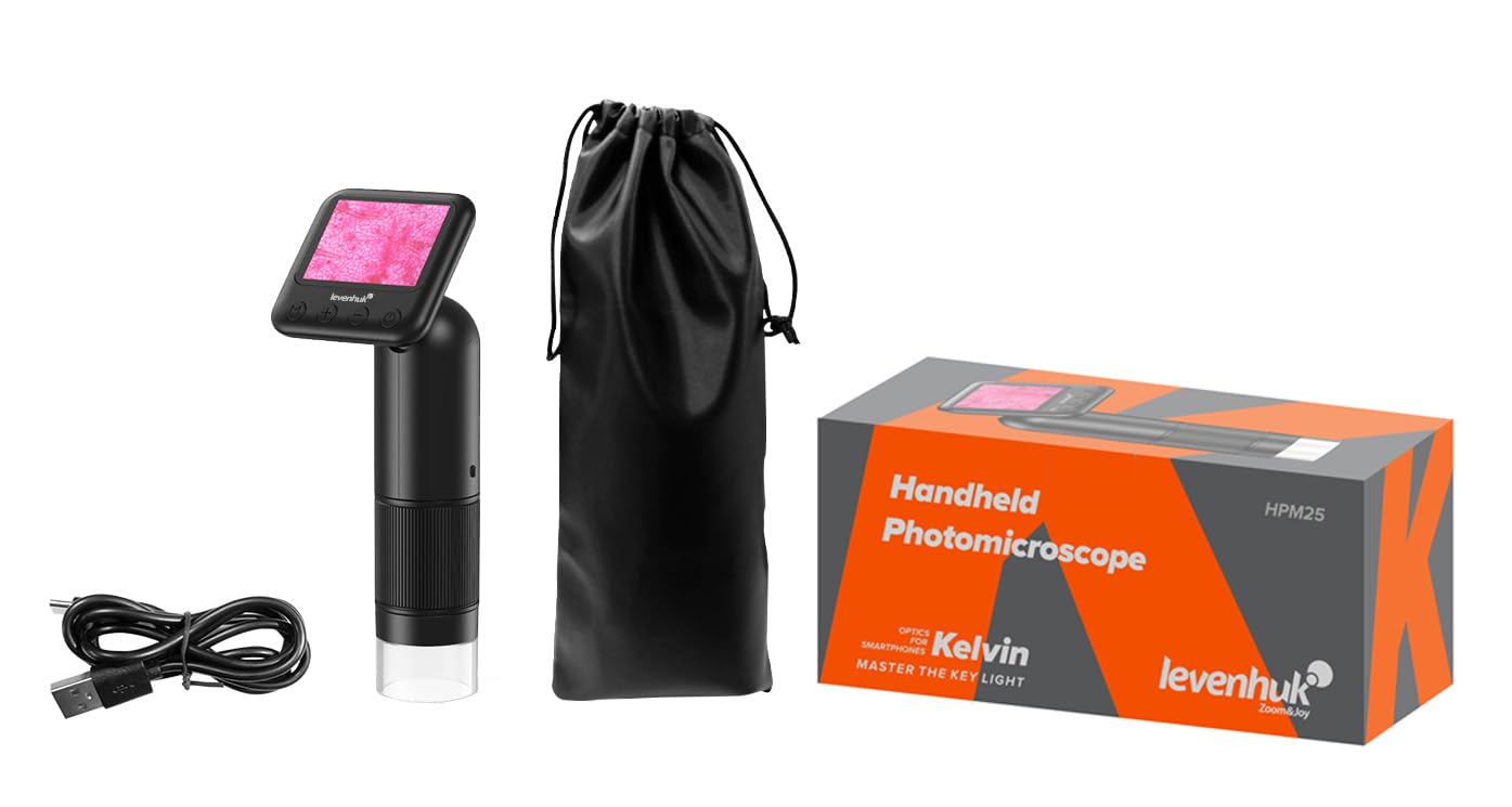 Levenhuk Kelvin HPM25 Tragbares Fotomikroskop | 800x Digitales Smartphone-Mikroskop, 2MP Kamera IPS-Farbdisplay LED-Licht, Kompakt, PC-kompatibel, für Erwachsene und Kinder