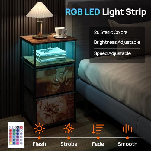 Image of ALBAD Nightstand with Charging Station and LED Lights, Brown Flower Drawers