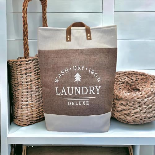 Image of 90L Large Laundry Basket, Collapsible Laundry Bag, Freestanding Tall Clothes Hamper, Foldable Washing Bin (Dark Blue) (White And Brown)