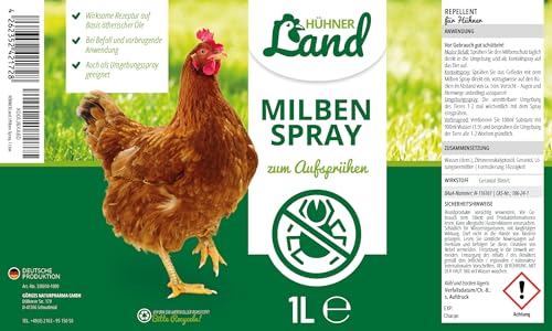 HÜHNER Land Milben Spray für Hühner 1L - Gegen Milben & Parasiten, Milbenspray Milben Stop, Milbenmittel als Umgebungsspray & Kontaktspray, zur Vorbeugung & bei akutem Befall