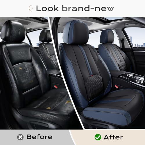 Image of Coverado Front Seat Covers, 2 PCS Luxury Leather Seat Covers with Lumbar Support, Universal Seat Cover for Cars, Car Seat Protector Waterproof, Automotive Seat Cushions Fit for Most Cars (Blue&Black)