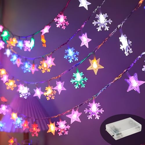 Luci Led Stella,Luci a Batteria,Luci Led Decorative,10m 100led Luci Stringa Stella,Ci per Sorprese,Anniversario,San Valentino,Compleanno,Feste Natale,Ecc ((Stelle + fiocchi di neve (luci calde)）)