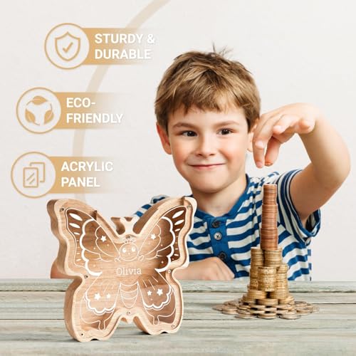 Image of Wooden Butterfly Piggy Banks Coin Bank for Kids | Custom Gifts for Kids Easter Birthday Decor, Wooden Cashbox Money Jar Educational Toy for Boys Girls