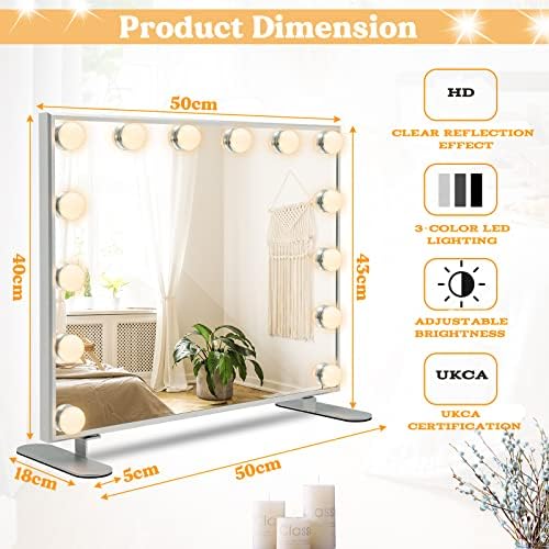 CASART Hollywood Vanity Mirror, Desktop/Wall-Mounted Makeup Mirror with 14 Dimmable LED Bulbs & Multiple Color Modes, Touch Control Cosmetics Mirror for Bedroom Dressing Room