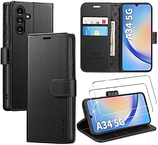 ivencase Compatible with Samsung Galaxy A34 5G Case and 2 Tempered Glass Screen Protector, Leather Wallet Phone Case with Card Slots Magnetic Closure Kickstand Cover for Samsung A34 (Black)