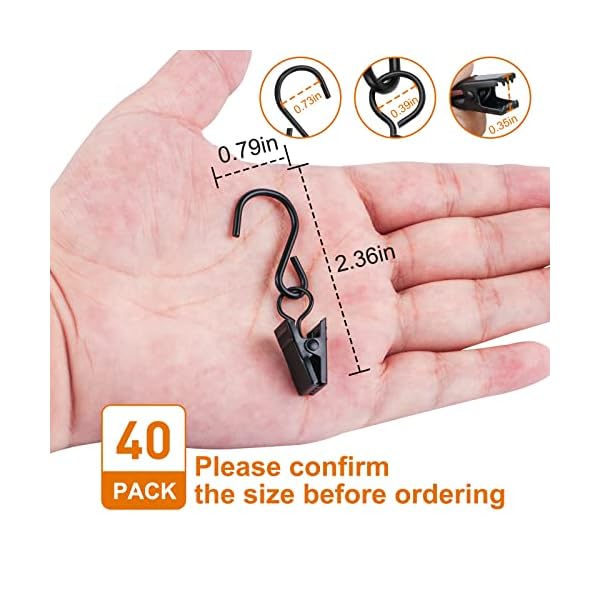 40 pcs curtain clips with s hooks for outdoor string lights, this stainless steel s hooks with clips also work clips, rv awning light clips and gutter light clips (black) - image 4