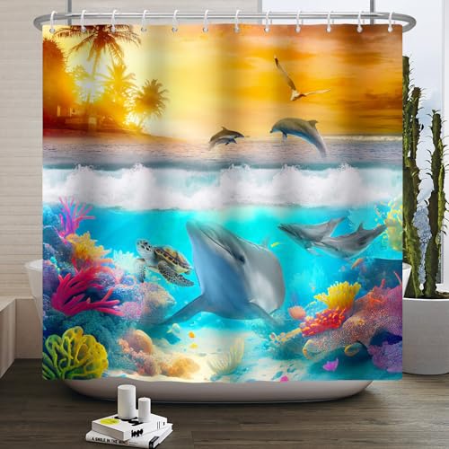 SDOTPMT 122x183cm Cortina de Baño Verano Océano Tiburones Tortuga Corales Bajo el Mar Ballena Gaviotas Atardeceres Sol Palmera sobre el Océano para Decoración con Gancho