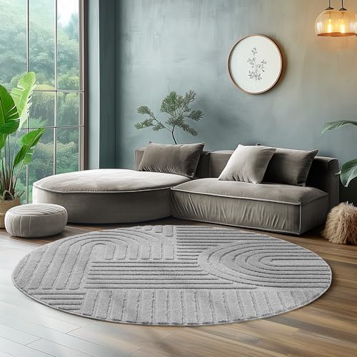 SIMPEX Teppich Rund 200 cm Grau, Hochflor Wohnzimmer Teppich, Weich & Flauschig, Skandinavisch Boho Stil, Langflor Shaggy, Pflegeleicht, Jute Rückseite