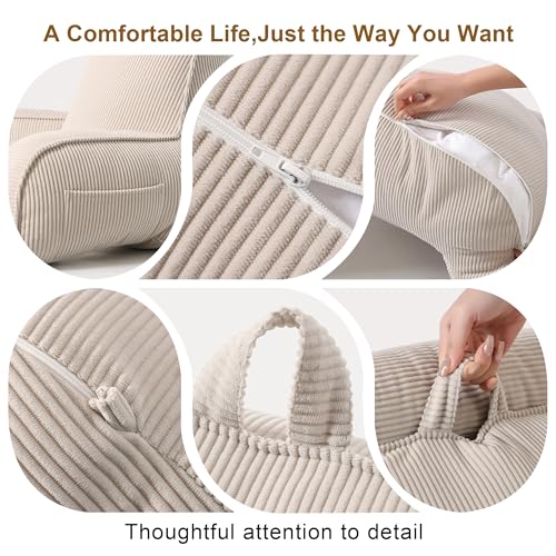 Ailuteie Reading Pillow for Sitting Up in Bed, Corduroy Backrest Pillow with Arms, Side Pocket & Washable Cover, Bed Rest Pillow Back Support for Adults, Beige Gray