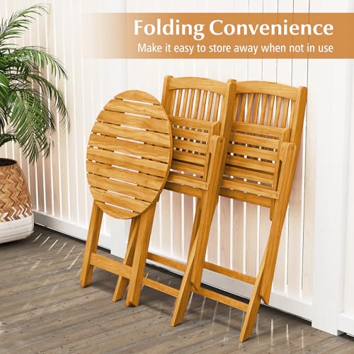 Image of Tangkula 3 Pieces Acacia Wood Patio Folding Bistro Set, Outdoor Table and Chairs Set with Soft Cushions, Patio Furniture Set for Porch, Balcony, Garden, Deck and Backyard