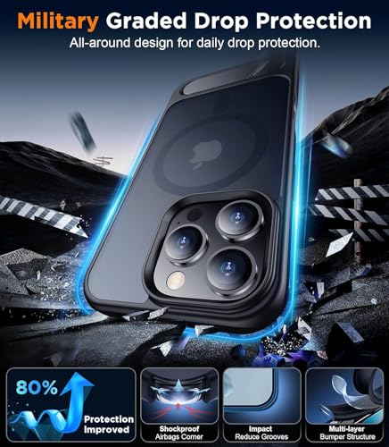 Image of Elzzi Magnetic Cover Compatible For iPhone 16 Pro Case with Adjustable Metal Kickstand, Compatible with Mag-Safe Translucent Matte Protective Phone Shockproof Case, Black