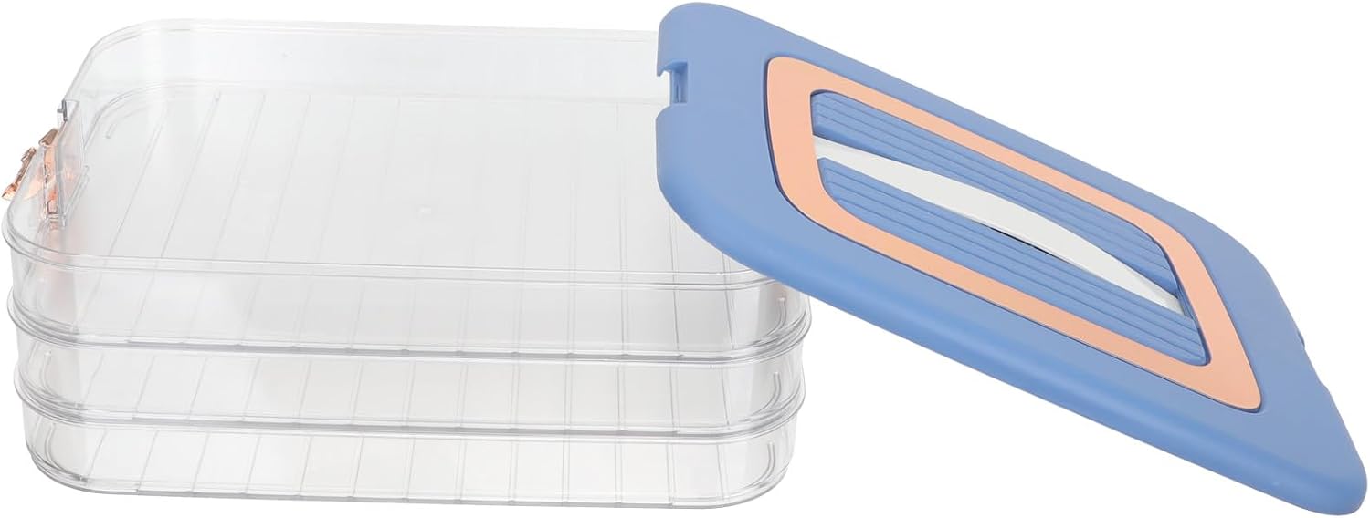 Milisten Large Capacity Dumpling Storage Box Set, 3-layer Stackable Refrigerator Organizer for Cold Food Preservation, Blue Sealed Food Keeper with Timer for Home Kitchen Use