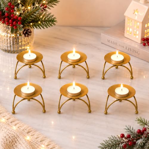 Image of Set of 6 Decorative Handcrafted Golden Metal Tea Light Candle Holder Stand - Elegant Home Decor, and Thoughtful Gift for Diwali, Christmas, Festive Celebrations - Perfect for Home, Parties, Weddings