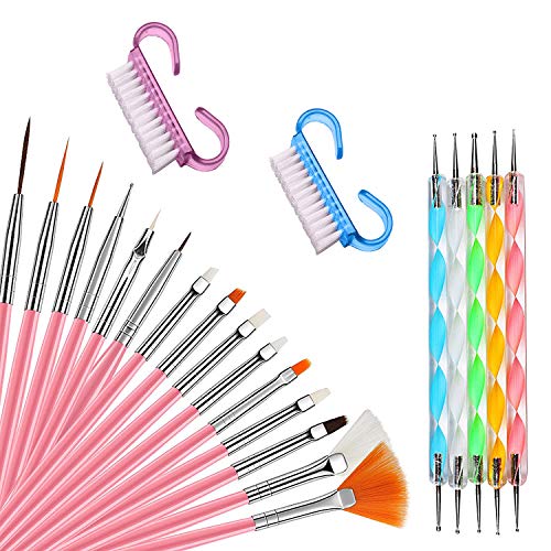 Nail Art Brushes by GNAWRISHING, Professional Nail Art Set, with 15pcs Brush Set, 5pcs Dotting Pen, Nail Art Design Dotting Painting Drawing Polish Brush, 22 PCS.