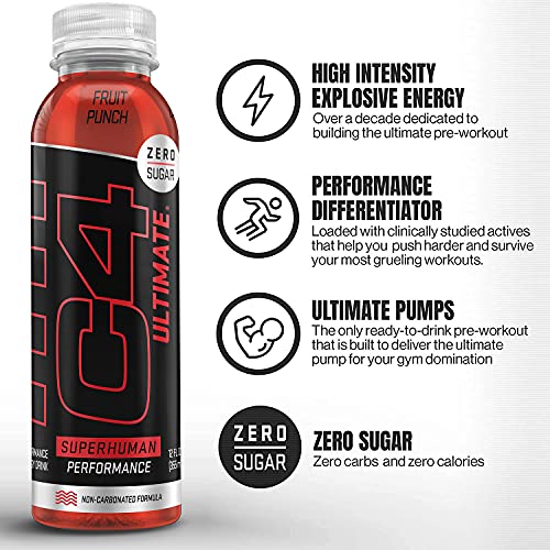 Cellucor C4 Ultimate Non-Carbonated Zero Sugar Energy Drink, Pre Workout Drink + Beta Alanine, 12 Fl Oz (Pack of 12)