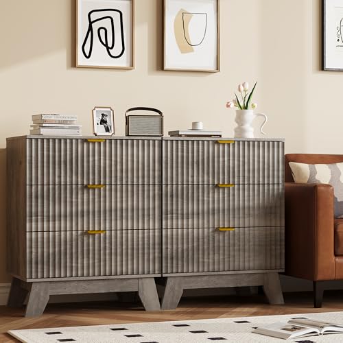 Image of Fluted Nightstand Sets of 2 with 3 Large Drawers, Wooden Side End Table with Elevated Legs for Easy Cleaning, Sturdy Modern Beside Table for Small Space, Bedroom, Grey, 24 inch L