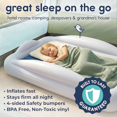 Image of Hiccapop Inflatable Toddler Travel Bed with Safety Bumpers [4-Sided], Portable Toddler Bed for Kids, Kids Air Mattress, Toddler Air Mattress - Navy Blue