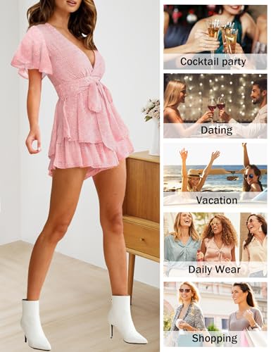Relipop Women's Floral Rompers Jumpsuits V Neck Short Sleeve Waist Tie Double Layer Ruffle Hem Romper by Relipop - Image 8