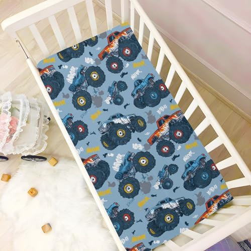 Image of Baby Crib Sheet Monster Truck Cars Crib Mattress for Boys and Girls Playard Sheet Soft Breathable Fitted Baby Mattress Cover 52x28in