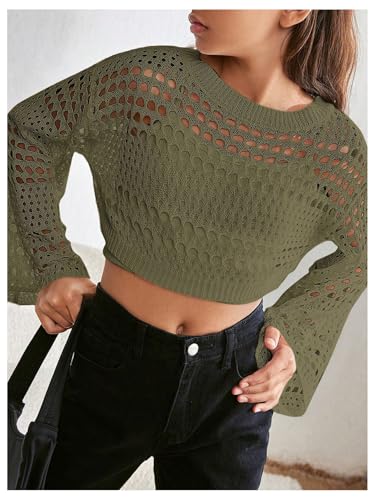 Image of RoseSeek Girl's Hollow Out Knitted Crop Sweater Long Sleeve Crew Neck Drop Shoulder Sheer Pullovers Knitwear