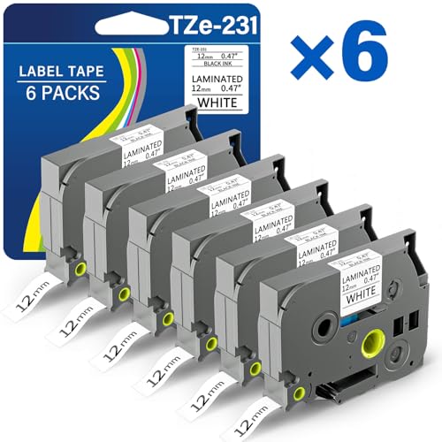 TZE-231 Label Maker Tape 12mm 0.47 Laminated Black on White 1/2 x 8m Replacement for Ptouch TZ TZE TZE231 Label Tape Cassette for PT-D220 PTD220 D220 PT-D210 PTD210 PT-H110 PT-D200 PT-D410 (6 Packs)