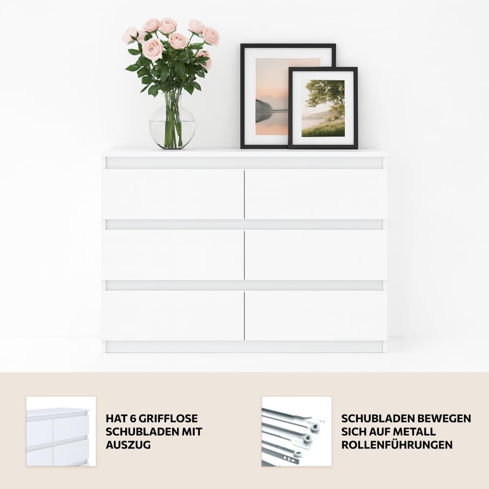 Kommode mit 6 Schubladen Weiß | 100x33x71 cm| Große geräumige Schubladenschrank | Ideal für Schlafzimmer, Wohnzimmer, Kinderzimmer und Büro