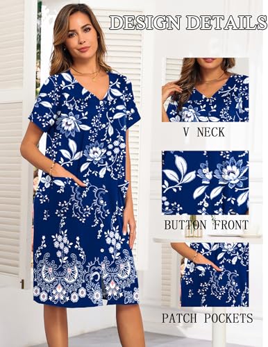 Image of Ekouaer House Dresses for Women with Pockets Button Down Nightgowns Plus Size Moo Moos Mumu Dresses Floral Print S-3XL