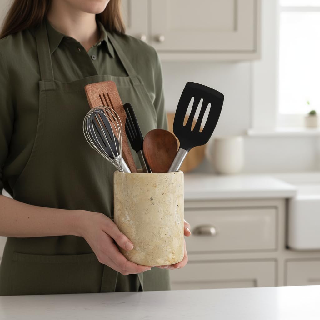 SPESHSTONES Portautensili in marmo, 16,5 cm, in pietra, per utensili da lavoro, contenitore per cucchiai e spatole, organizer, per decorazione della cucina