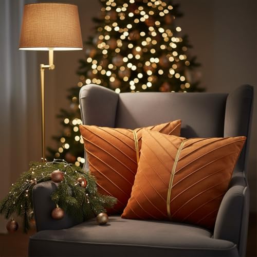 Image of Velvet Throw Pillow Covers 26x26 Pack of 2 Gold Decor Burnt Orange