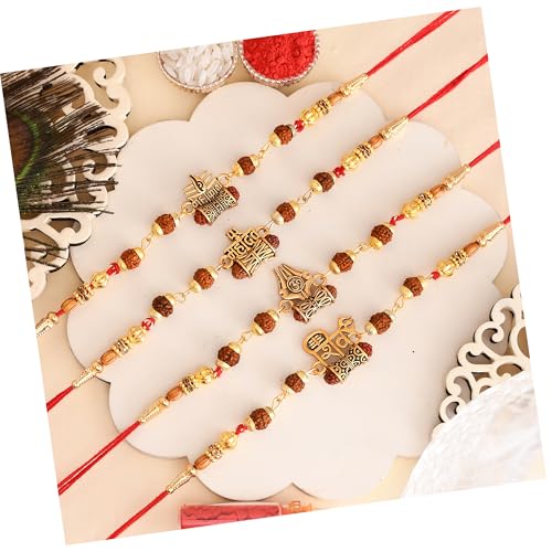 Image of Pride Store Traditional 10 Rakhiya Set, Decorative Thread Bracelets with Om and Ganesh Designs, Pearl and Crystal Beads, Red and Gold | Rakhiya For Family