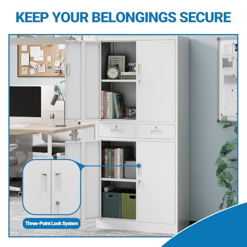 Image of Metal Storage Cabinet with Lock Door, Adjustable Shelves, 2 Drawers