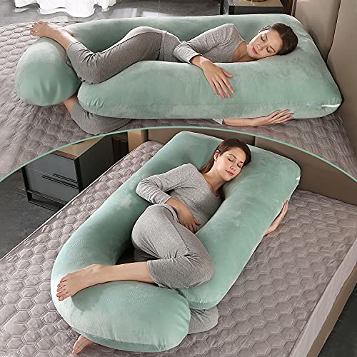Image of Elover Pregnancy Pillow U-Shaped Full Body Maternity Support Pillow for Pregnant Women with Replaceable and Washable Velvet Cover Size 60 inch (Green, Velvet)