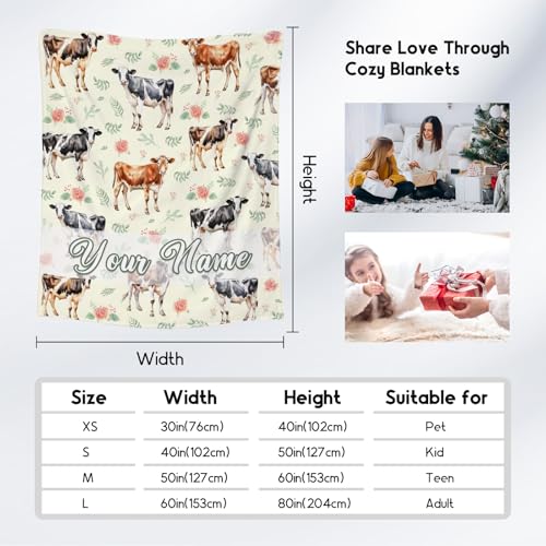 Custom Cow Blanket, Cute Soft Throw Gifts for Adults Women, Cozy Flannel Throw Blankets for Bed Living Room, 60"x80"
