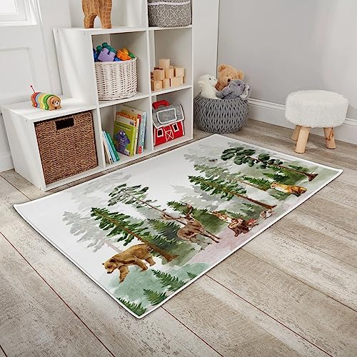 Image of HawSkgFub Baby Toddler Boy Girl Woodland Animals Friends Playroom Area Rug, Bear Deer Fox Pine Trees Non Slip Nursery Play Mat Carpet, Neutral Kids Bedroom Living Room Classroom Decor